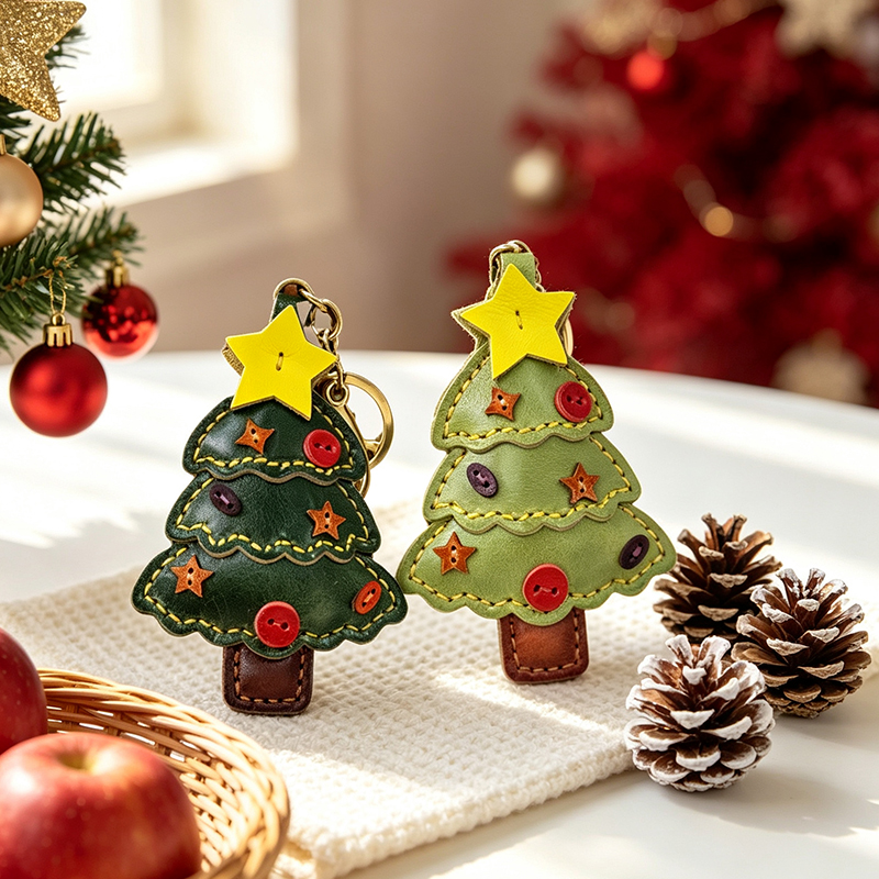 Head layer cowhide Christmas tree handmade keychain New Year's and Spring Festival pendant backpack